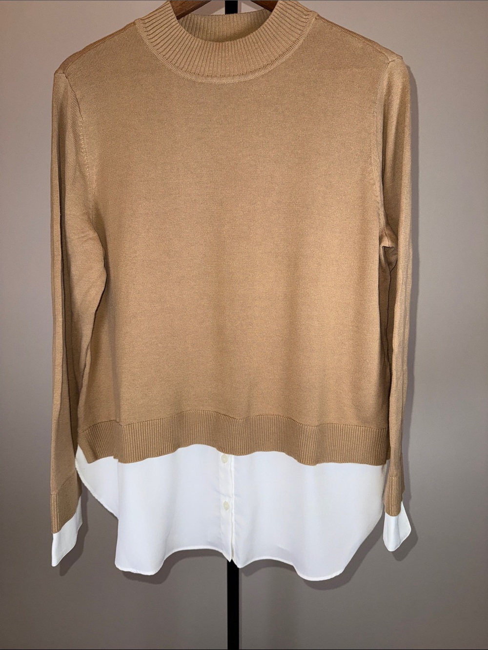 Isaac Mizrahi Live! Mixed Media Layered Sweater - Camel/White | Size S